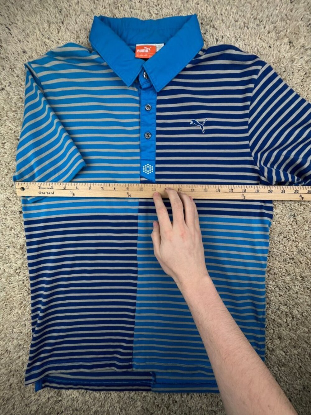 Puma Men’s Golf Polo Shirt Short Sleeve Blue Gray Striped Medium Casual Cotton - Picture 4 of 11